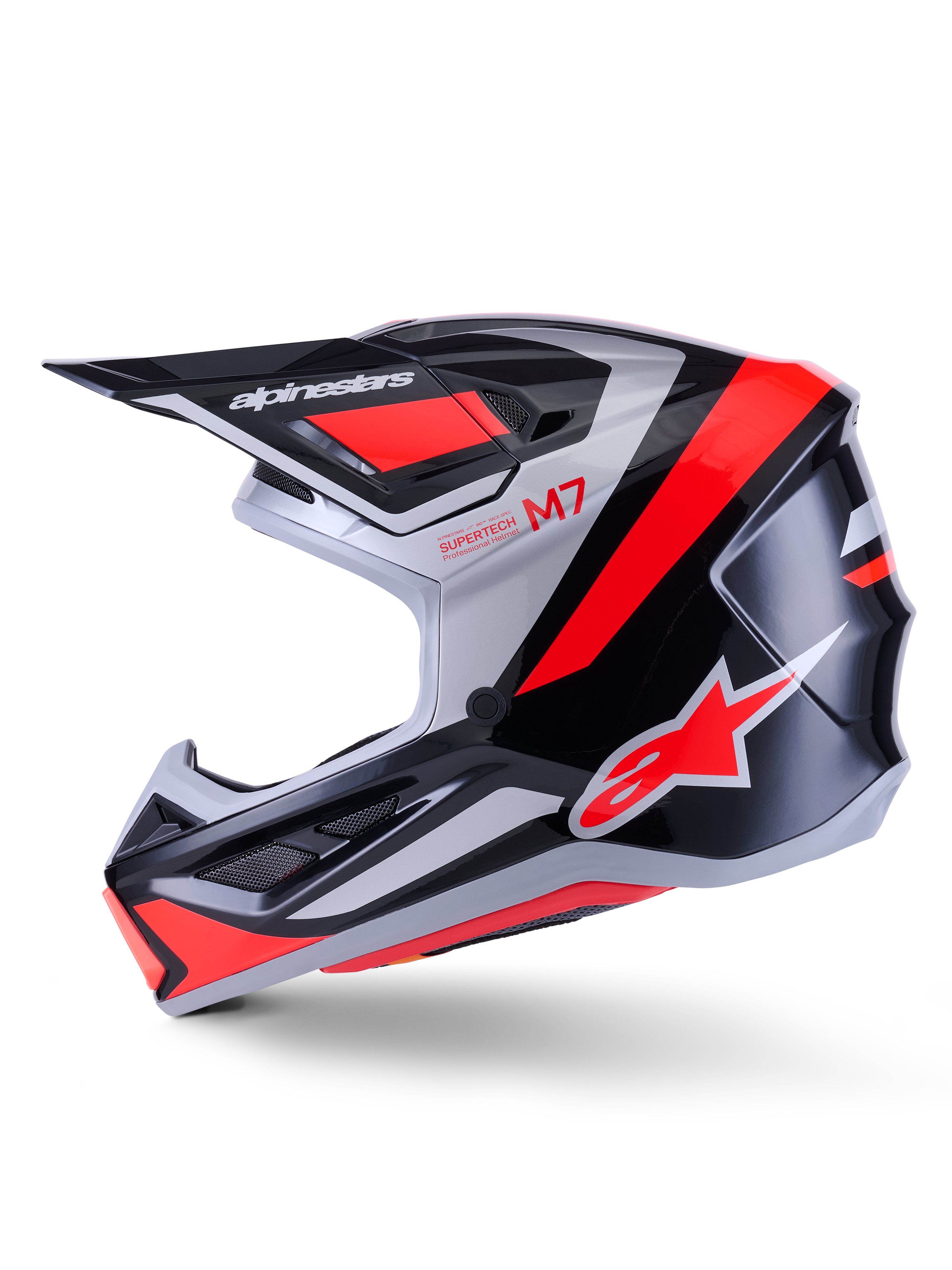 Alpinestars S-M7 Rise Helmet, Motocross Helmet, Black Silver and Red Fluo Glossy, side profile view featuring an aerodynamic composite shell, ventilated chin guard, and prominent peak with Alpinestars branding.
