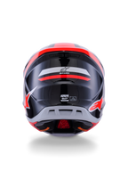 Alpinestars S-M7 Rise Helmet ECE 22.06, Motocross Helmet, Rear View, Black Silver and Red Fluo Glossy, featuring Alpinestars logo and S-M7 branding, glossy finish with aerodynamic shell and ventilation details