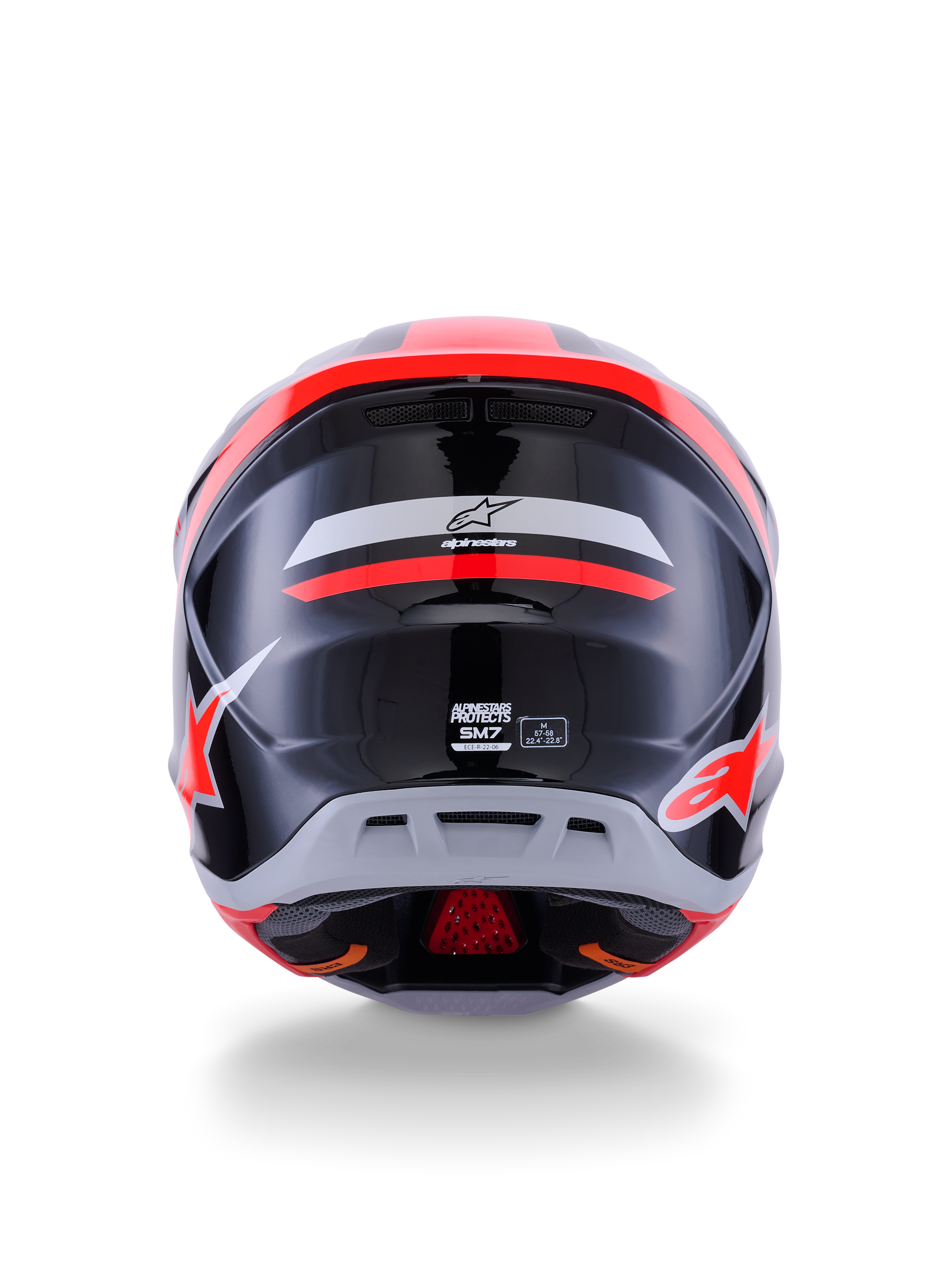 Alpinestars S-M7 Rise Helmet ECE 22.06, Motocross Helmet, Rear View, Black Silver and Red Fluo Glossy, featuring Alpinestars logo and S-M7 branding, glossy finish with aerodynamic shell and ventilation details