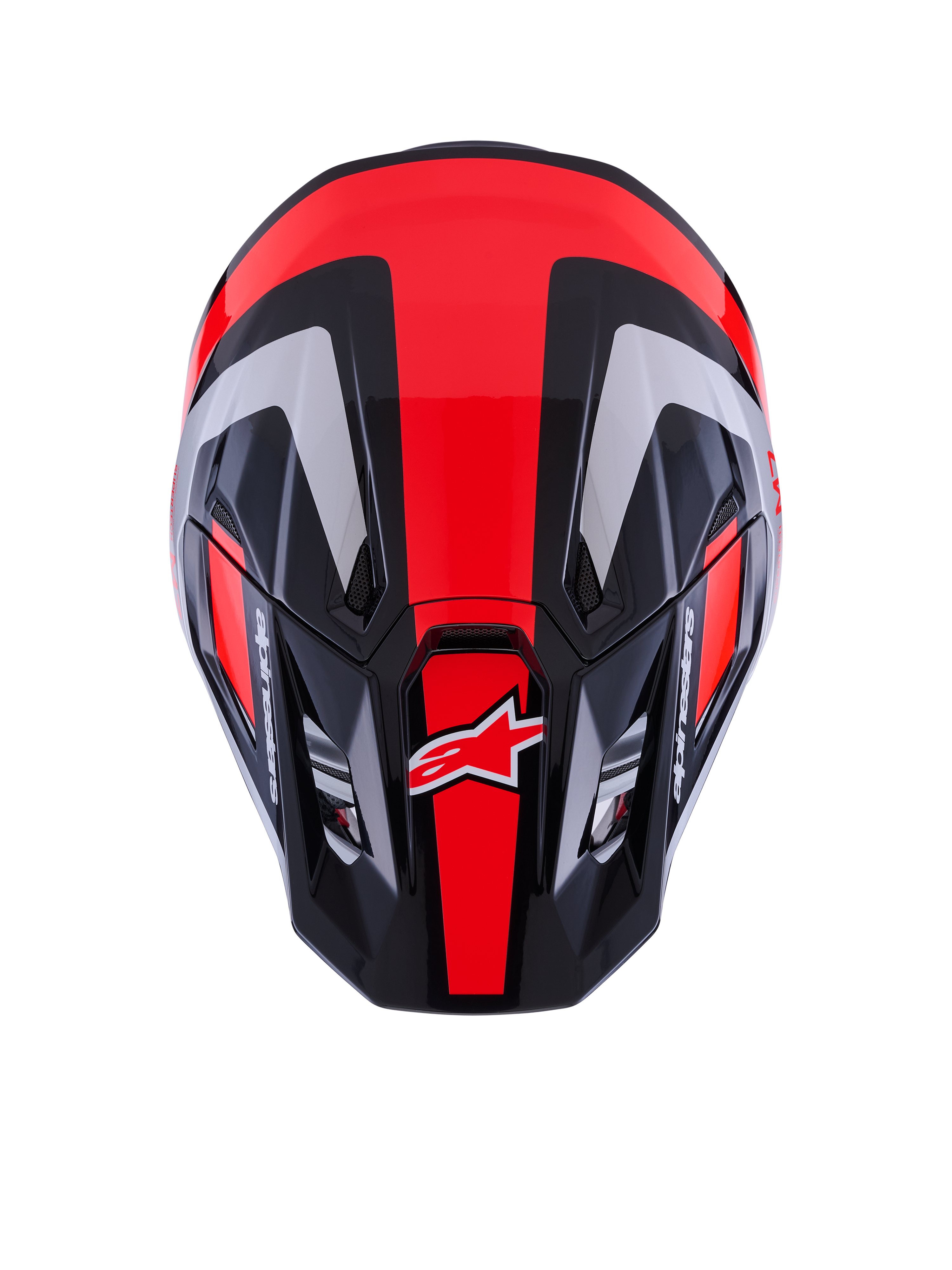 Alpinestars S-M7 Rise Helmet ECE 22.06, Motocross Helmet, Black Silver and Red Fluo Glossy, top-down view showing aerodynamic shell with ventilation ports, featuring red fluorescent stripes and Alpinestars branding, professional gear for off-road racing