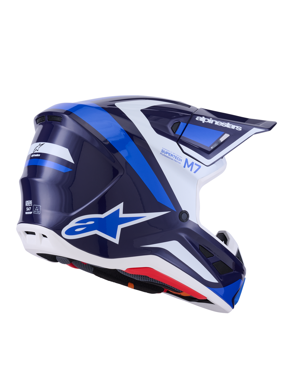 Casque Alpinestars S-M7 Rise, casque de motocross, bleu et blanc brillant, graphismes bleu marine et bleu vif avec accents blancs, logos Alpinestars sur le côté et à l'arrière, design de coque aérodynamique avec ports de ventilation, équipement de course tout-terrain professionnel