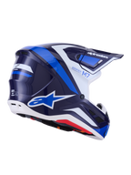Casque Alpinestars S-M7 Rise, casque de motocross, bleu et blanc brillant, graphismes bleu marine et bleu vif avec accents blancs, logos Alpinestars sur le côté et à l'arrière, design de coque aérodynamique avec ports de ventilation, équipement de course tout-terrain professionnel