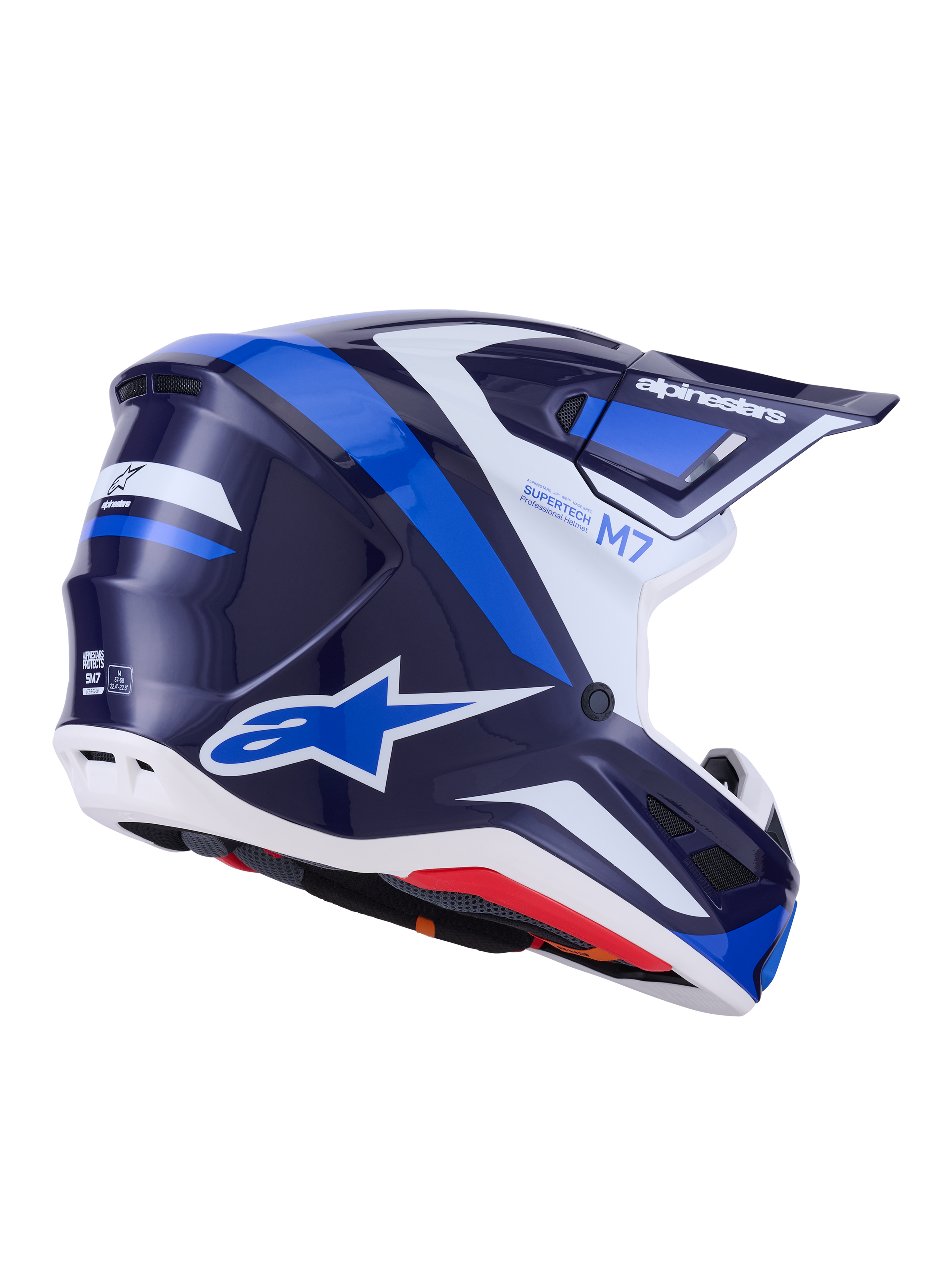 Casque Alpinestars S-M7 Rise, casque de motocross, bleu et blanc brillant, graphismes bleu marine et bleu vif avec accents blancs, logos Alpinestars sur le côté et à l'arrière, design de coque aérodynamique avec ports de ventilation, équipement de course tout-terrain professionnel