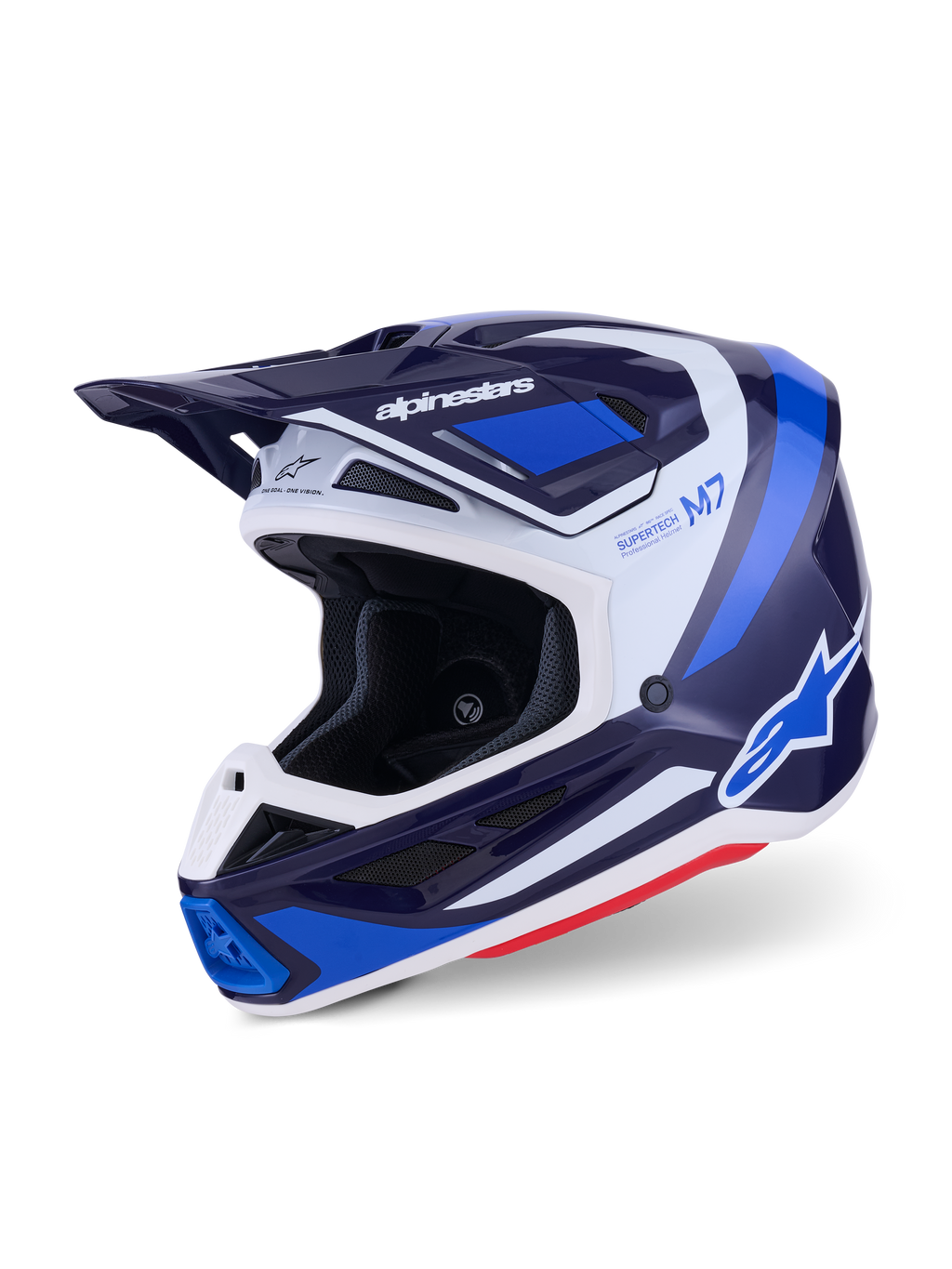 Casque de motocross Alpinestars S-M7 Rise, Bleu Blanc Brillant, vue de trois-quarts montrant une coque aérodynamique avec visière intégrée et de multiples orifices de ventilation, présentant des accents graphiques blancs et bleus et un marquage audacieux, équipement de course tout-terrain haute performance