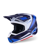 Casque de motocross Alpinestars S-M7 Rise, Bleu Blanc Brillant, vue de trois-quarts montrant une coque aérodynamique avec visière intégrée et de multiples orifices de ventilation, présentant des accents graphiques blancs et bleus et un marquage audacieux, équipement de course tout-terrain haute performance