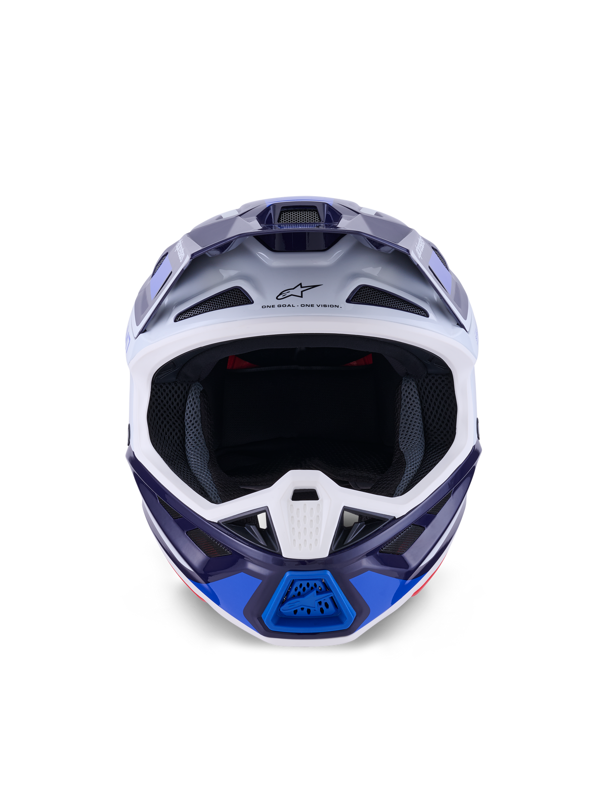 Casque Alpinestars S-M7 Rise, bleu et blanc brillant, vue de face, casque de motocross tout-terrain doté de multiples ports de ventilation, logo Astars sur le front, coque composite au design aérodynamique