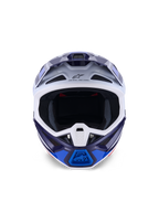 Casque Alpinestars S-M7 Rise, bleu et blanc brillant, vue de face, casque de motocross tout-terrain doté de multiples ports de ventilation, logo Astars sur le front, coque composite au design aérodynamique