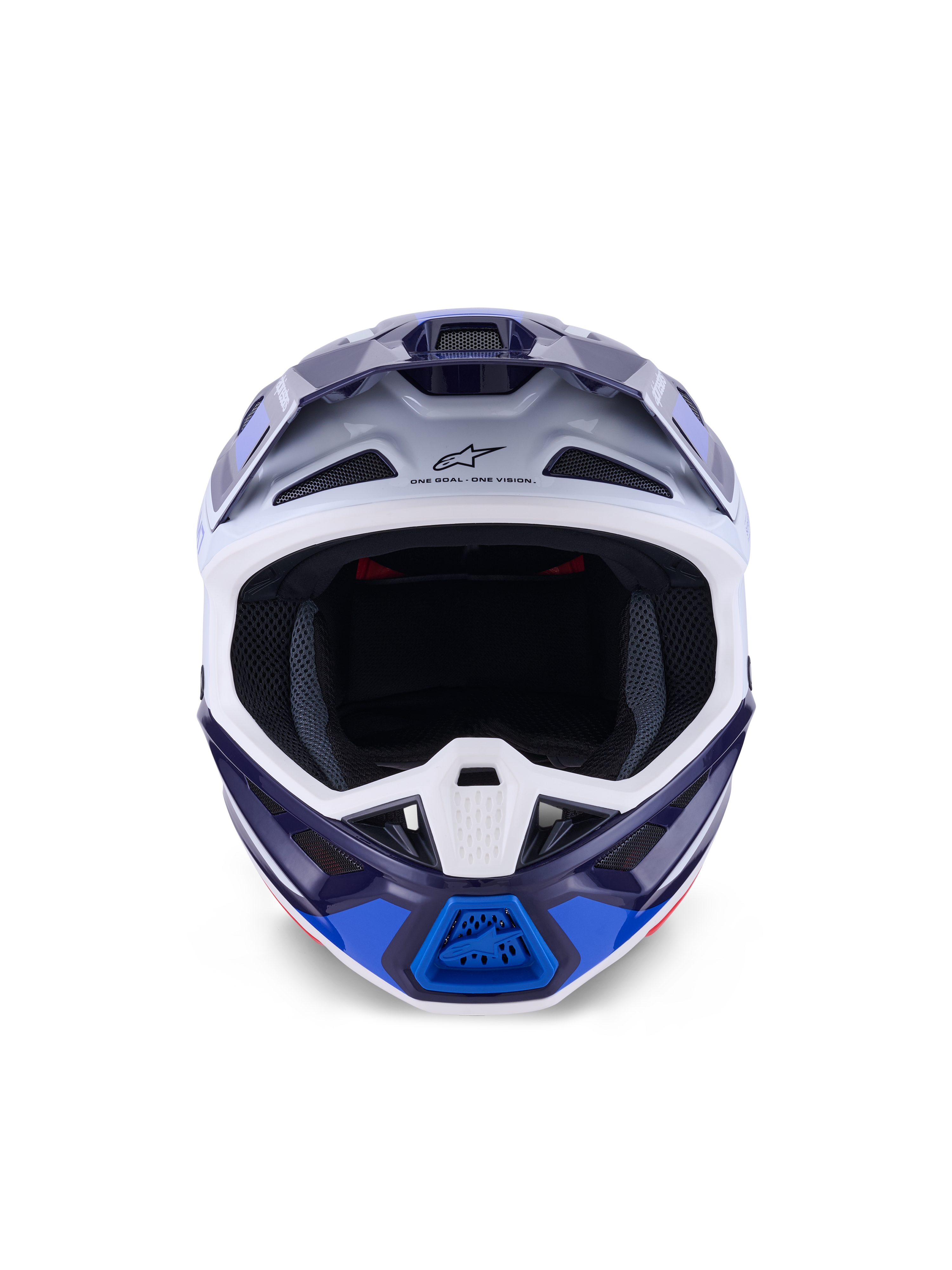Casque Alpinestars S-M7 Rise, bleu et blanc brillant, vue de face, casque de motocross tout-terrain doté de multiples ports de ventilation, logo Astars sur le front, coque composite au design aérodynamique