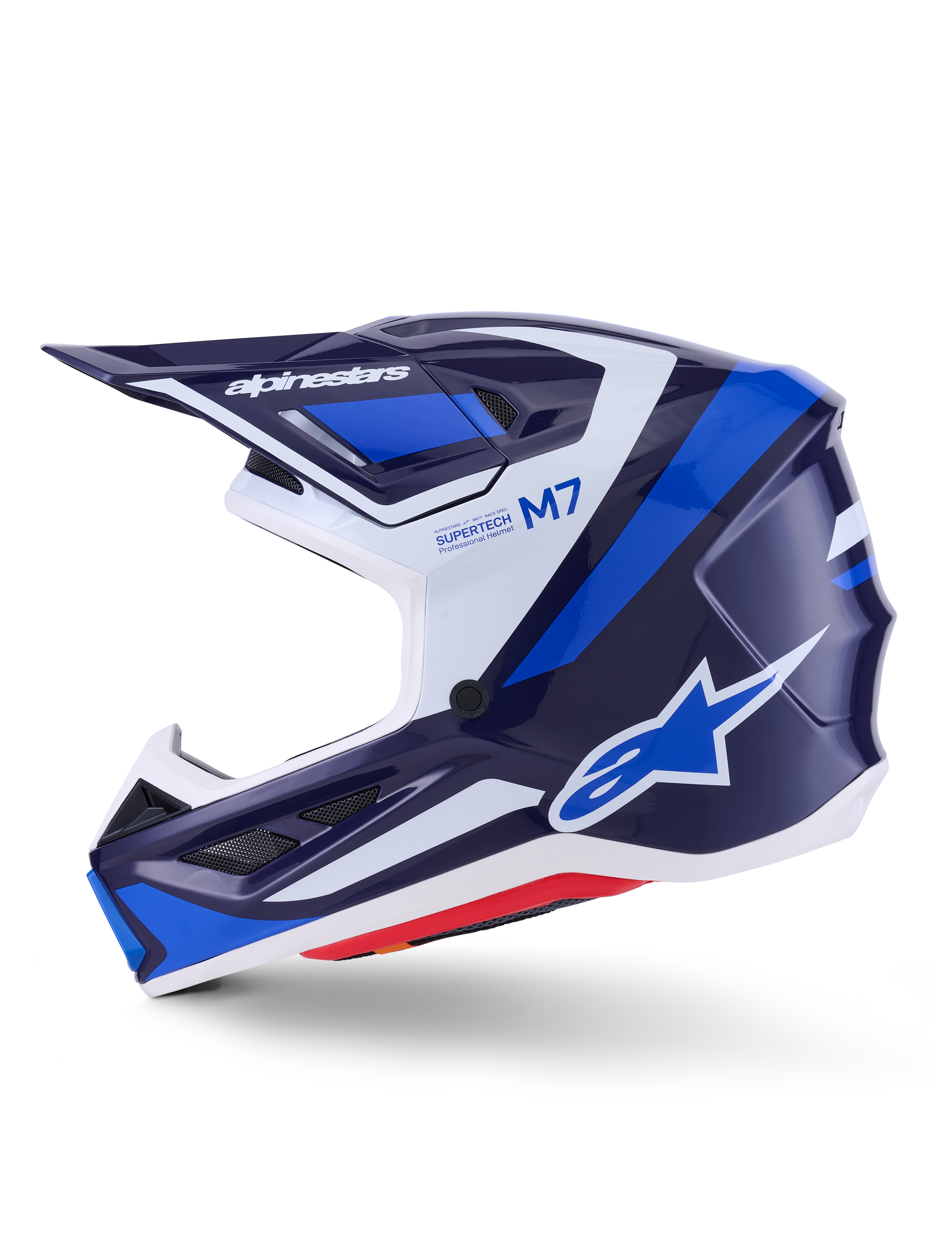 Casque Alpinestars S-M7 Rise, casque de motocross, bleu, blanc et bleu marine brillant, vue de profil avec le logo Alpinestars sur la visière et le côté, inscriptions M7 et Supertech, coque aérodynamique avec orifices de ventilation, finition brillante pour la performance tout-terrain.
