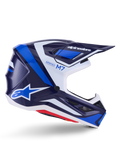 Casque Alpinestars S-M7 Rise, casque de motocross, bleu et blanc brillant, profil latéral présentant une coque composite aérodynamique, visière ventilée et design angulaire avec marquage audacieux, protection professionnelle tout-terrain