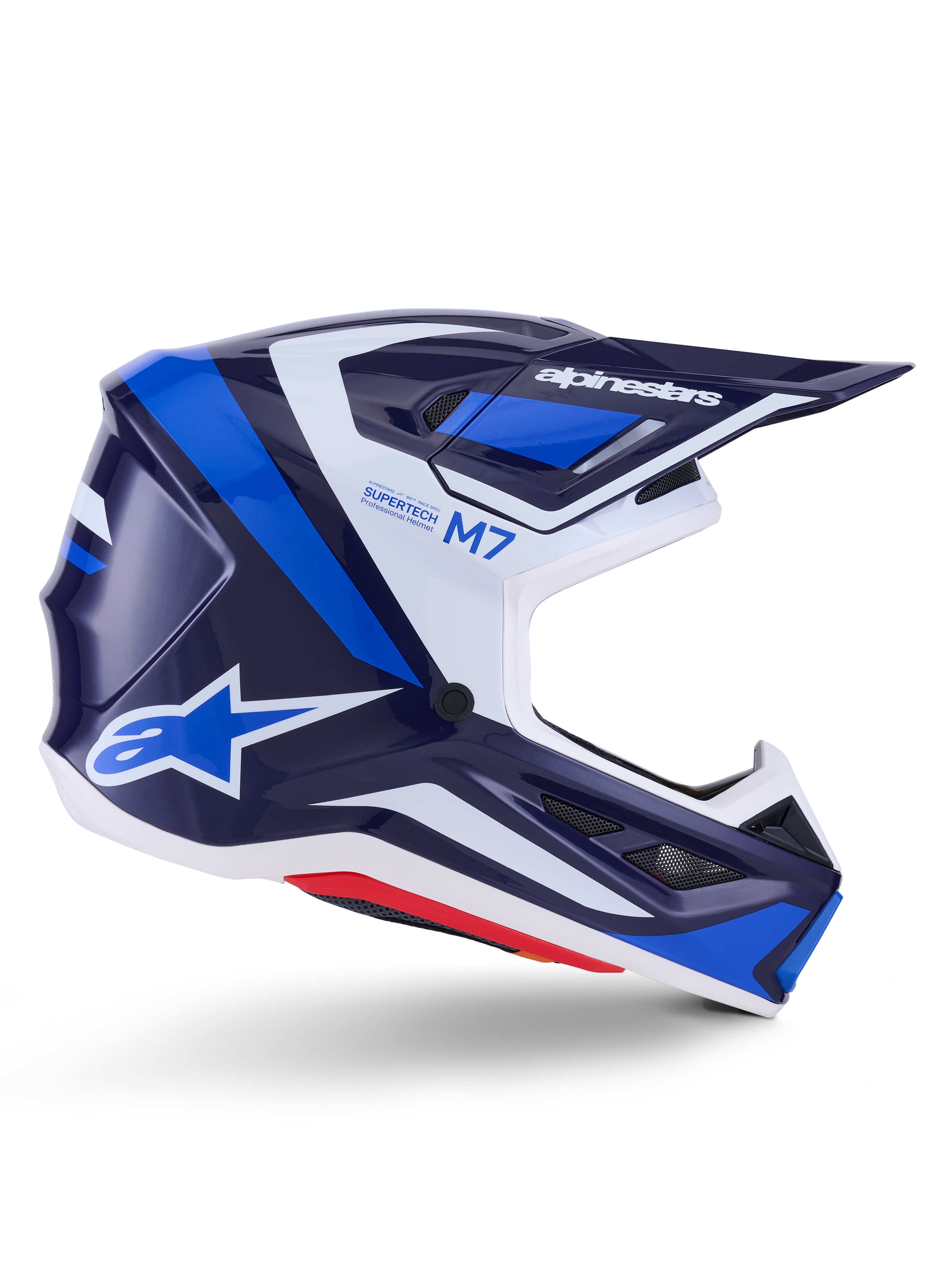 Casque Alpinestars S-M7 Rise, casque de motocross, bleu et blanc brillant, profil latéral présentant une coque composite aérodynamique, visière ventilée et design angulaire avec marquage audacieux, protection professionnelle tout-terrain