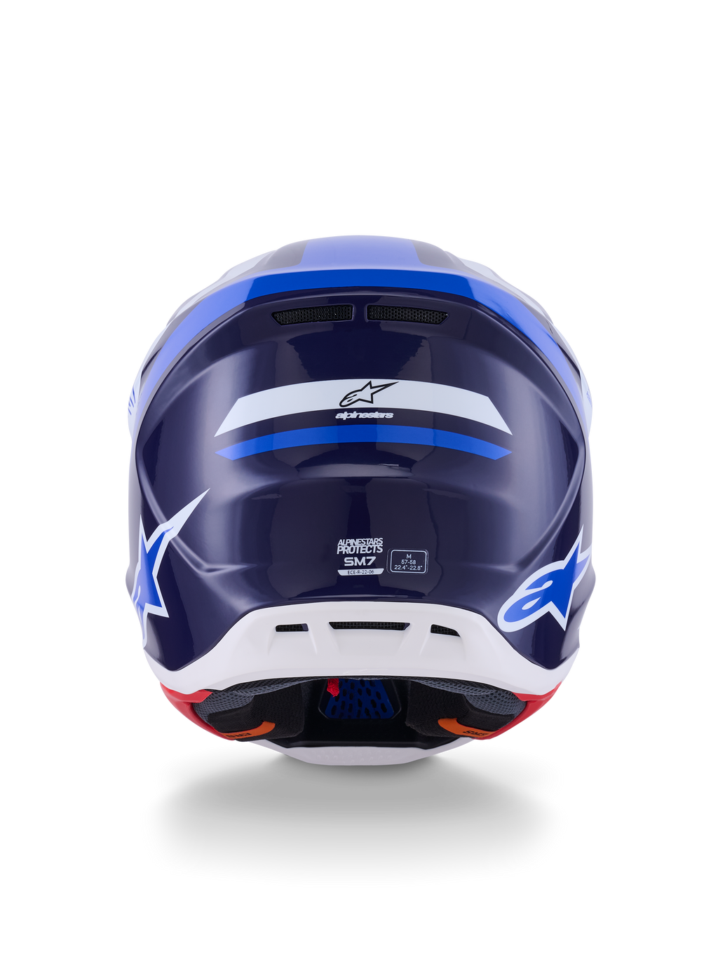 Casque Alpinestars S-M7 Rise, vue arrière, bleu et blanc brillant, avec le logo Alpinestars et le marquage SM7, coque composite aérodynamique avec partie inférieure blanche et orifices de ventilation, protection de tête haute performance pour le motocross