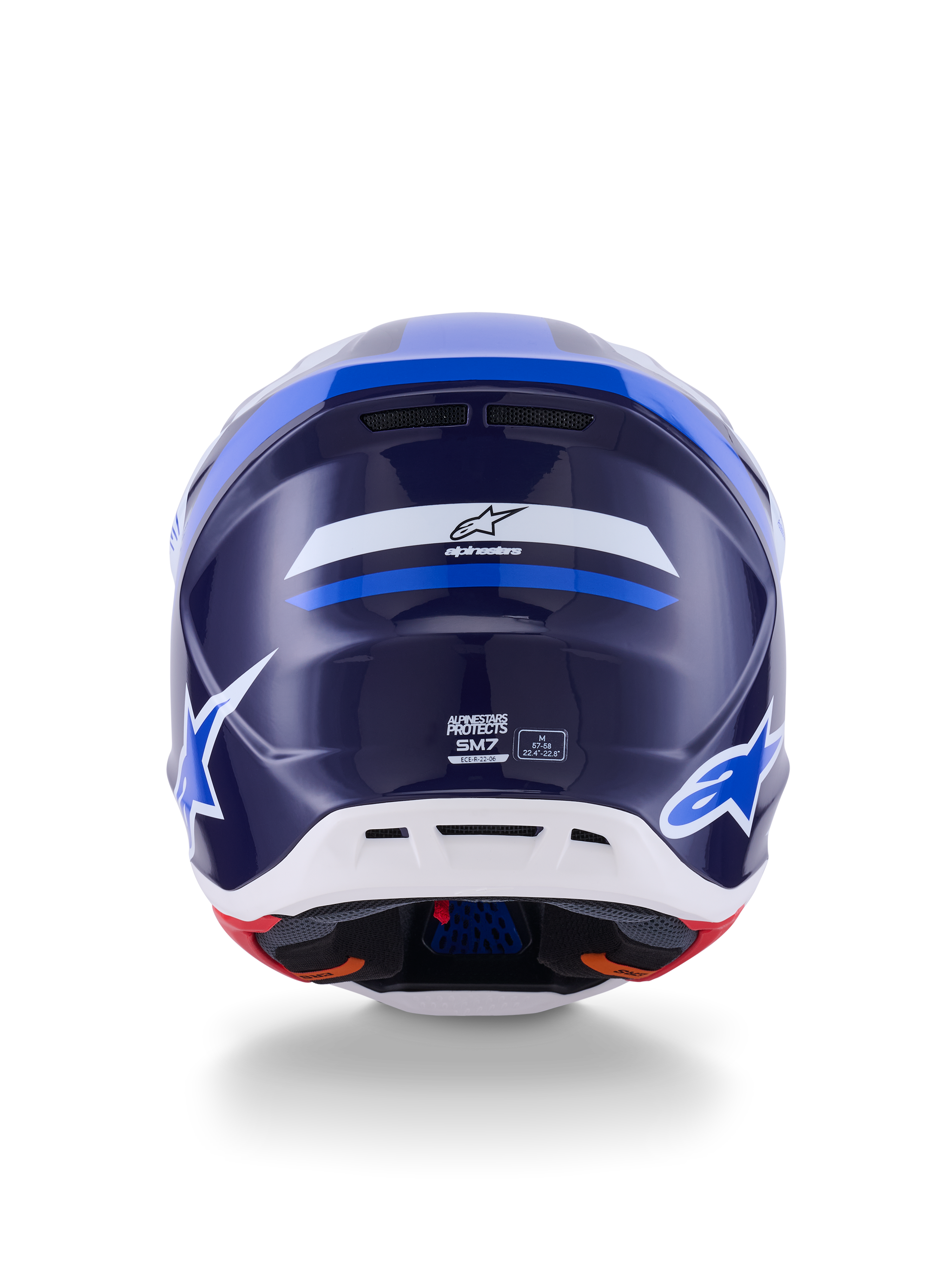 Casque Alpinestars S-M7 Rise, vue arrière, bleu et blanc brillant, avec le logo Alpinestars et le marquage SM7, coque composite aérodynamique avec partie inférieure blanche et orifices de ventilation, protection de tête haute performance pour le motocross