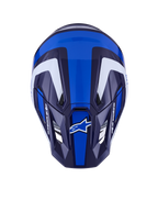 Casque Alpinestars S-M7 Rise, casque de motocross, bleu et blanc brillant, vue de dessus montrant la coque aérodynamique et les ports de ventilation, avec des graphismes angulaires blancs et bleu foncé et un marquage distinctif