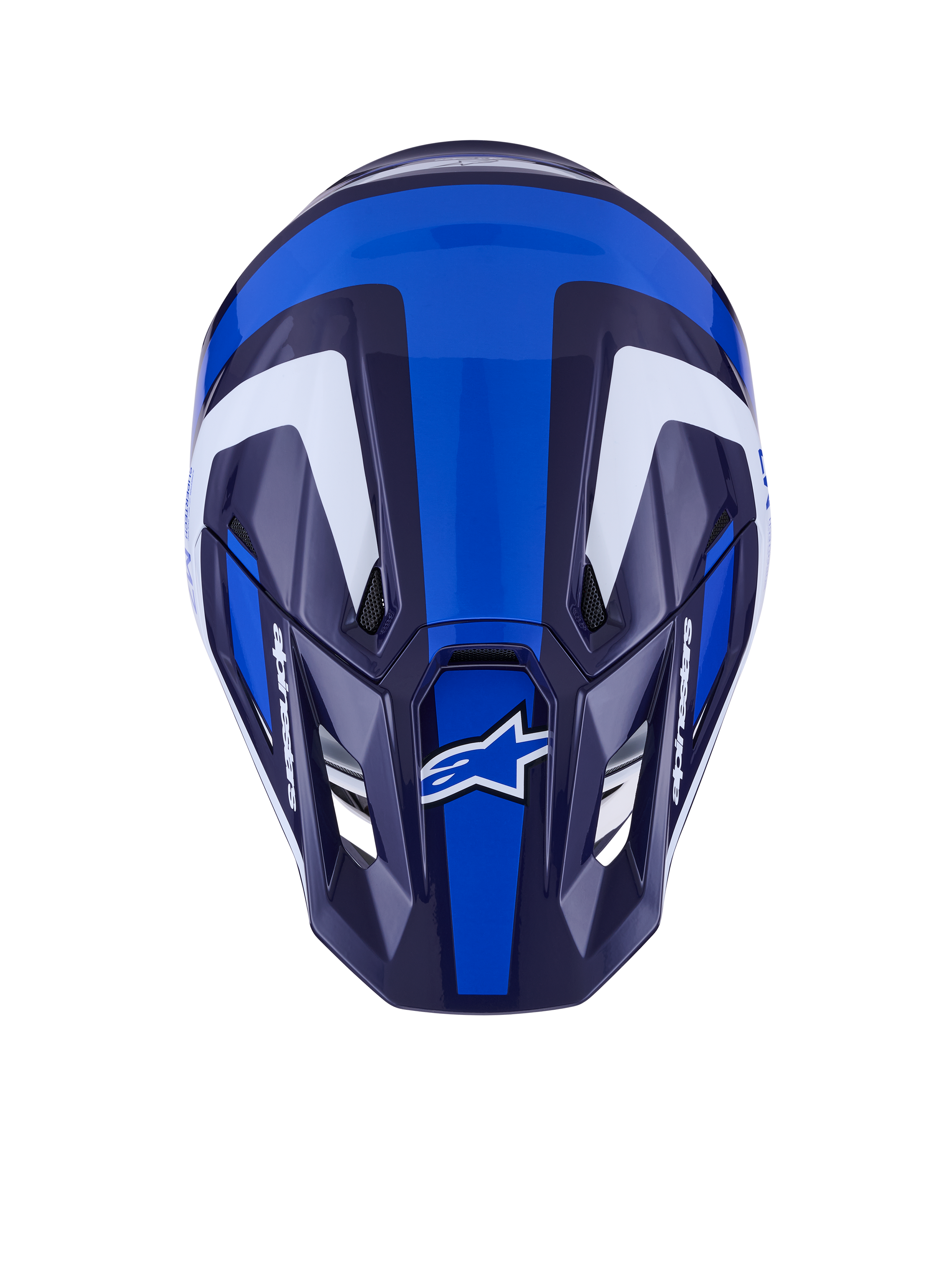 Casque Alpinestars S-M7 Rise, casque de motocross, bleu et blanc brillant, vue de dessus montrant la coque aérodynamique et les ports de ventilation, avec des graphismes angulaires blancs et bleu foncé et un marquage distinctif