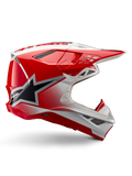 Alpinestars Supertech M10 Unite Helmet, Motocross Racing Helmet, Red and White Glossy, featuring a side view with angular geometric patterns, black star graphic, multiple mesh air vents, and aerodynamic design for off-road racing
