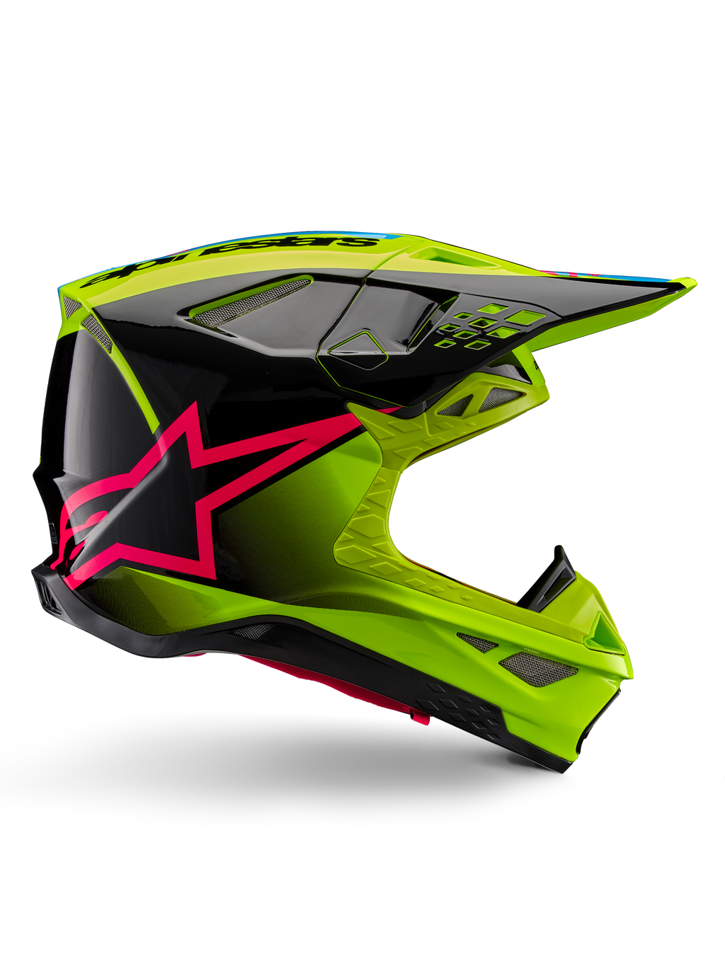 Casque Alpinestars Supertech M10 Unite, casque de motocross, jaune fluo et noir avec graphismes d'étoile rose diva, design aérodynamique et finition brillante, multiples ports de ventilation, certifié ECE 22.06