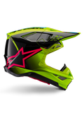 Casque Alpinestars Supertech M10 Unite, casque de motocross, jaune fluo et noir avec graphismes d'étoile rose diva, design aérodynamique et finition brillante, multiples ports de ventilation, certifié ECE 22.06