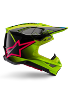 Casque Alpinestars Supertech M10 Unite, casque de motocross, jaune fluo et noir avec graphismes d'étoile rose diva, design aérodynamique et finition brillante, multiples ports de ventilation, certifié ECE 22.06