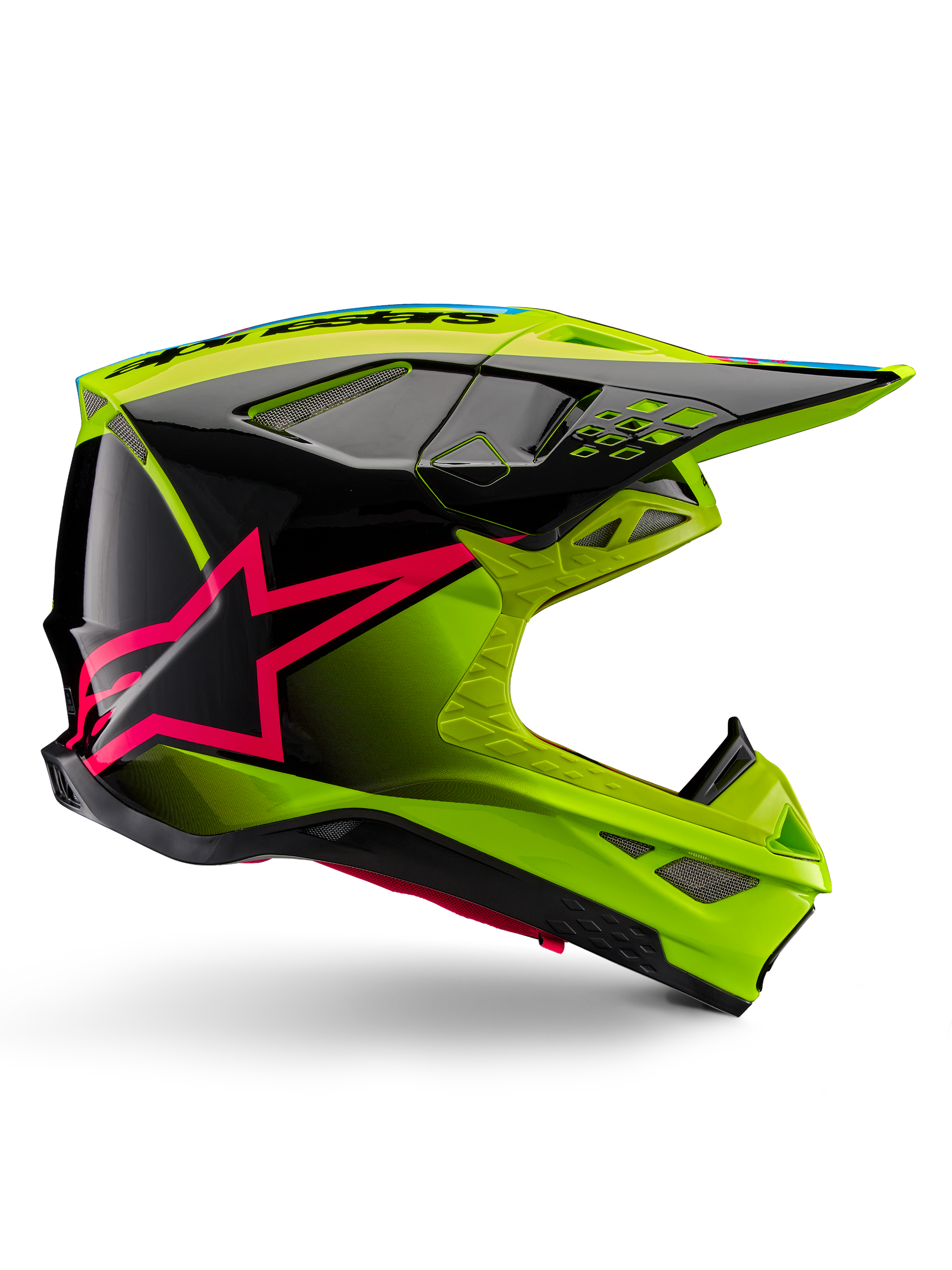 Casque Alpinestars Supertech M10 Unite, casque de motocross, jaune fluo et noir avec graphismes d'étoile rose diva, design aérodynamique et finition brillante, multiples ports de ventilation, certifié ECE 22.06