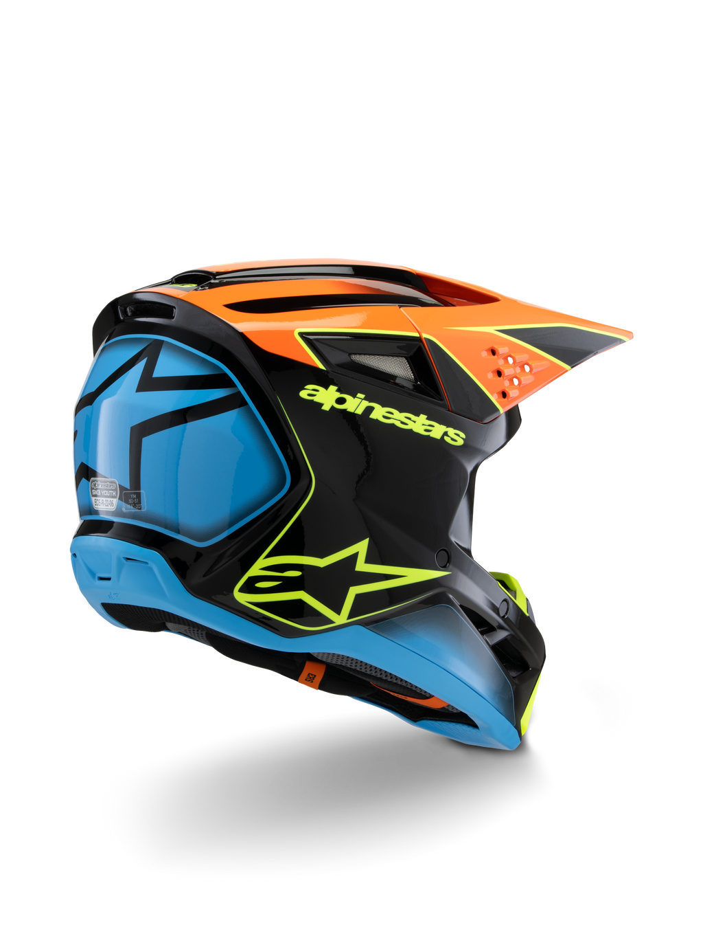 Alpinestars S-M3 Youth Fray Helmet, Motocross Helmet, Black Orange and Blue with Neon Yellow accents, rear three-quarter view showing bold Alpinestars branding and star logo, sleek aerodynamic design for youth off-road racing