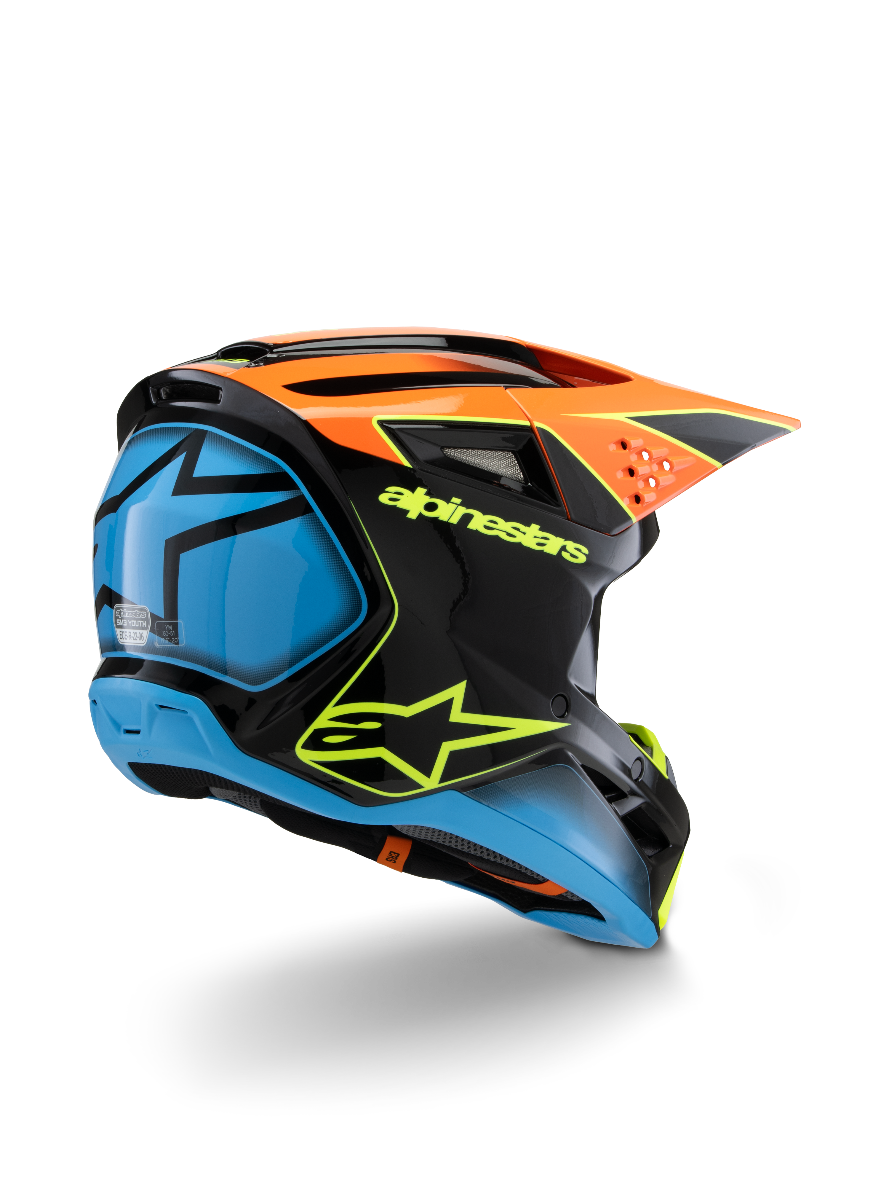 Alpinestars S-M3 Youth Fray Helmet, Motocross Helmet, Black Orange and Blue with Neon Yellow accents, rear three-quarter view showing bold Alpinestars branding and star logo, sleek aerodynamic design for youth off-road racing