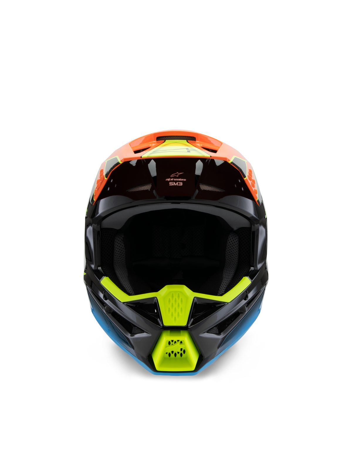 Casque Alpinestars S-M3 Youth Fray, vue de face d'un casque de motocross noir avec des graphismes orange vif, jaune fluo et bleus, conçu pour la compétition tout-terrain pour enfants