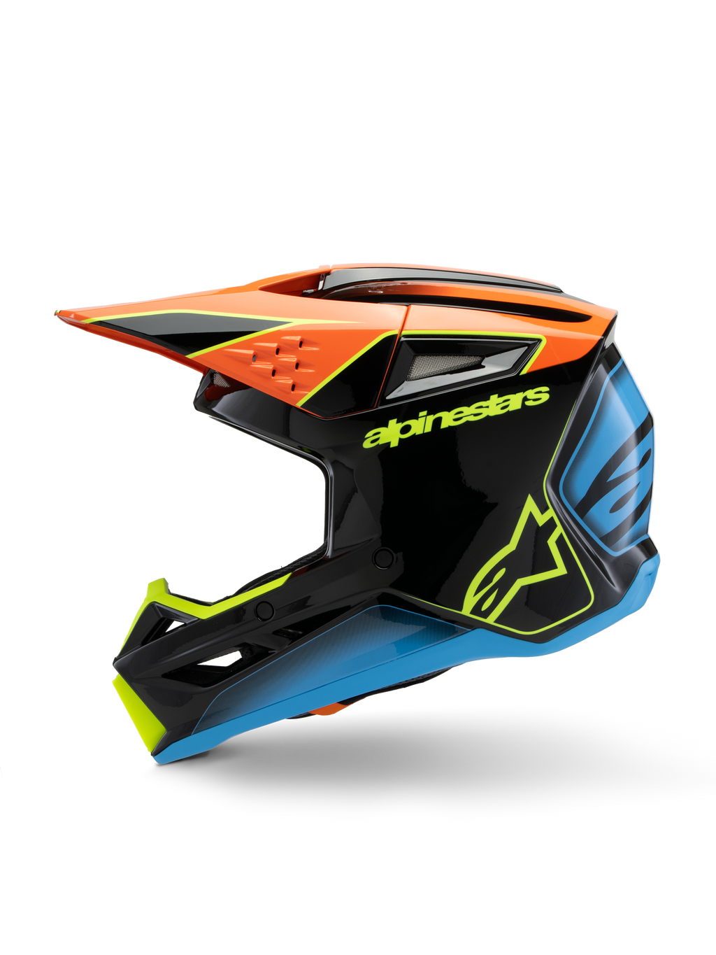 Alpinestars S-M3 Youth Fray Helmet, Motocross Helmet, Black with Orange, Yellow, and Blue accents, side profile view, featuring bold Alpinestars branding, aggressive styling with a large visor and ventilation ports, high-gloss protective gear for young off-road riders