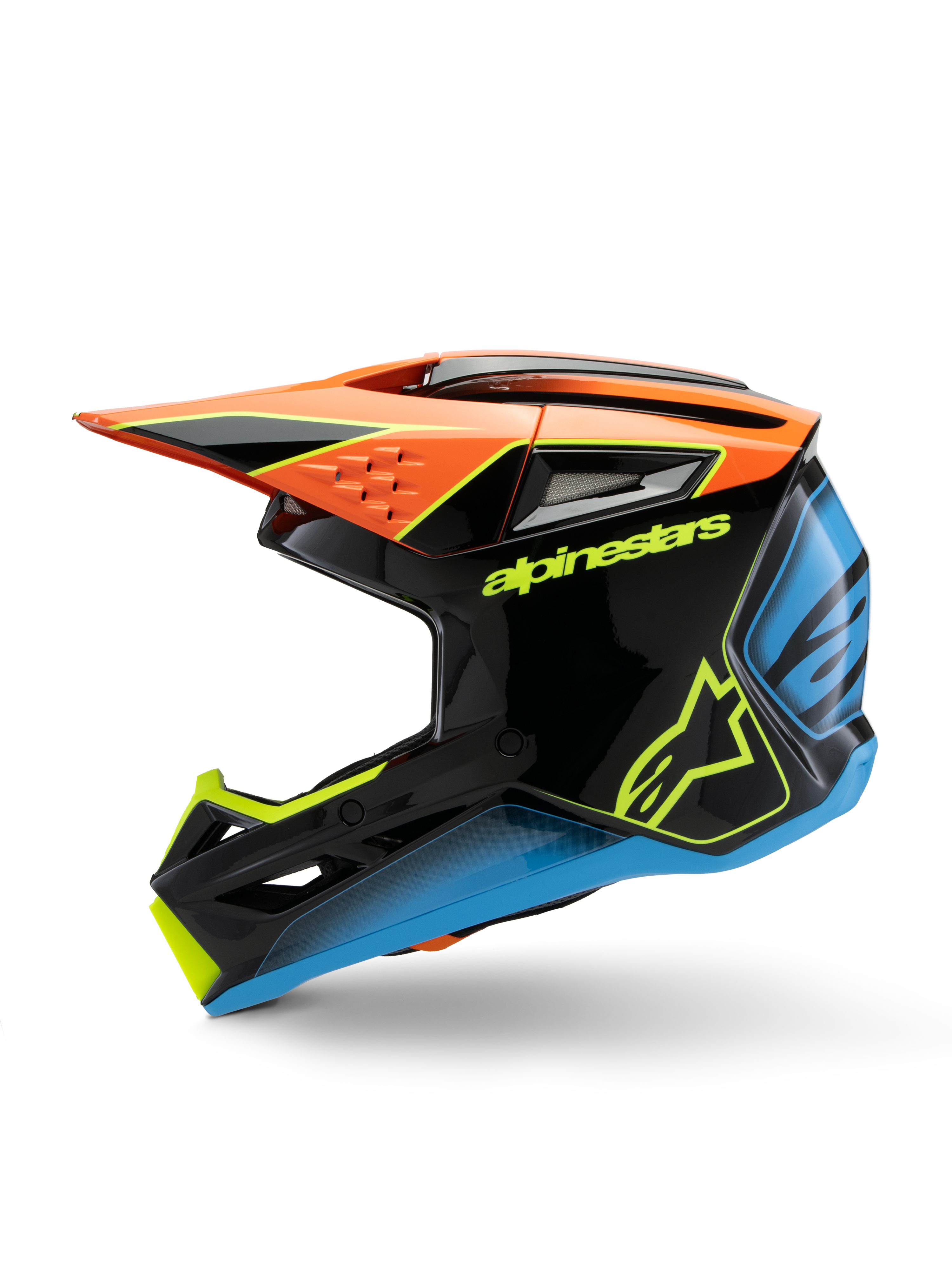 Alpinestars S-M3 Youth Fray Helmet, Motocross Helmet, Black with Orange, Yellow, and Blue accents, side profile view, featuring bold Alpinestars branding, aggressive styling with a large visor and ventilation ports, high-gloss protective gear for young off-road riders