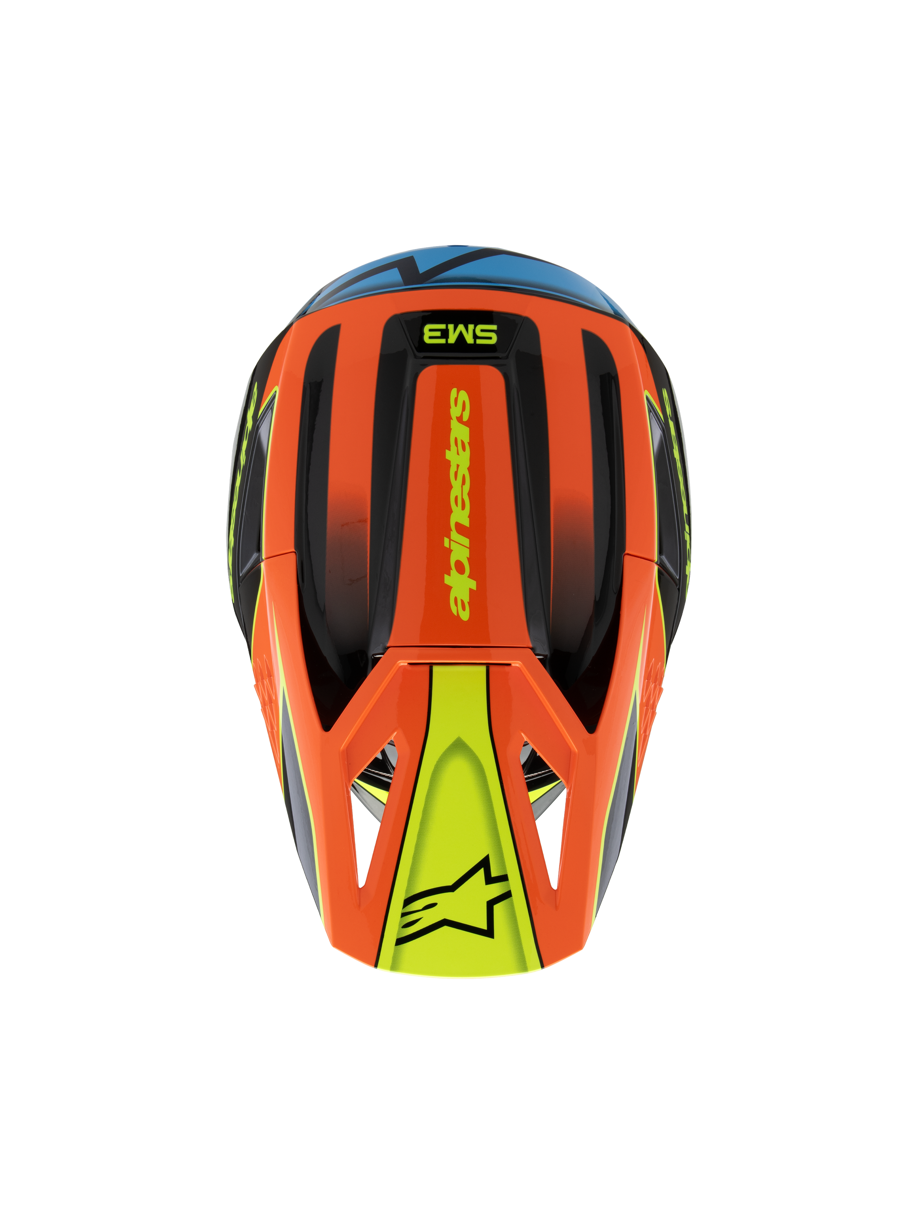 Alpinestars S-M3 Youth Fray Helmet, Top View, Orange Black and Yellow with Blue accents, featuring 'alpinestars' branding and star logo on the visor, sleek aerodynamic design for youth motocross and off-road riding