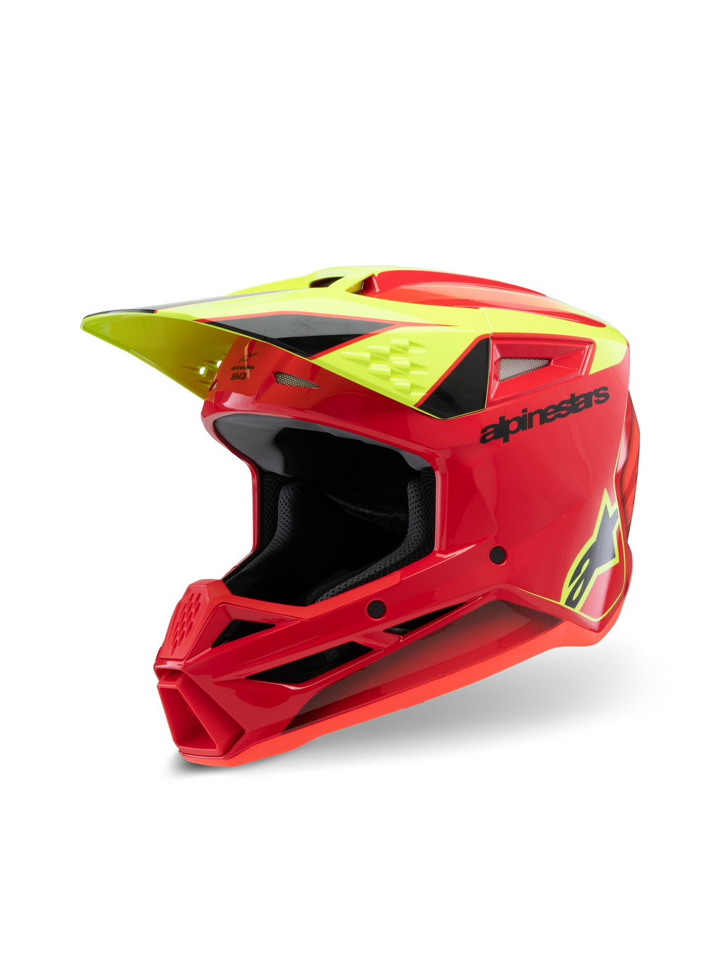 Casque Alpinestars S-M3 Youth Fray, casque de motocross, rouge, jaune fluo et noir brillant, doté d'un design aérodynamique agressif, d'une visière de protection et de multiples orifices de ventilation pour des performances tout-terrain.