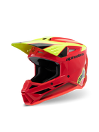 Casque Alpinestars S-M3 Youth Fray, casque de motocross, rouge, jaune fluo et noir brillant, doté d'un design aérodynamique agressif, d'une visière de protection et de multiples orifices de ventilation pour des performances tout-terrain.