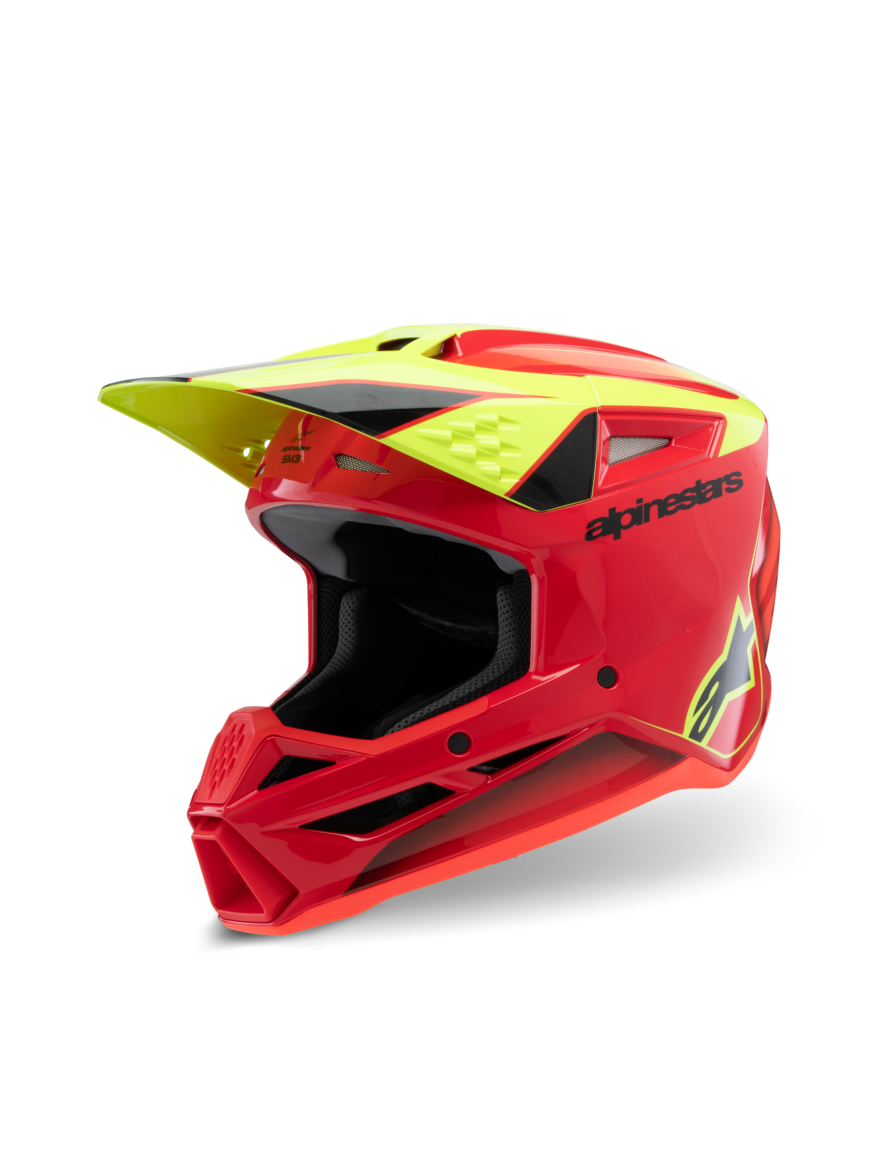 Casque Alpinestars S-M3 Youth Fray, casque de motocross, rouge, jaune fluo et noir brillant, doté d'un design aérodynamique agressif, d'une visière de protection et de multiples orifices de ventilation pour des performances tout-terrain.