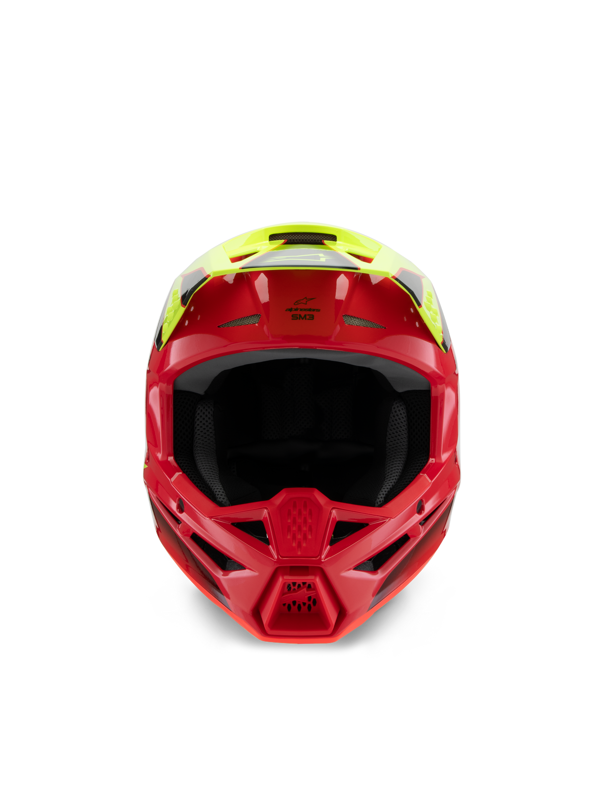 Casque Alpinestars S-M3 Junior Fray, casque de motocross, rouge et jaune fluo brillant, vue de face mettant en avant les entrées d'air et la mentonnière agressive, protection de tête spécialisée tout-terrain pour les jeunes pilotes