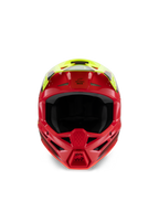 Casque Alpinestars S-M3 Junior Fray, casque de motocross, rouge et jaune fluo brillant, vue de face mettant en avant les entrées d'air et la mentonnière agressive, protection de tête spécialisée tout-terrain pour les jeunes pilotes
