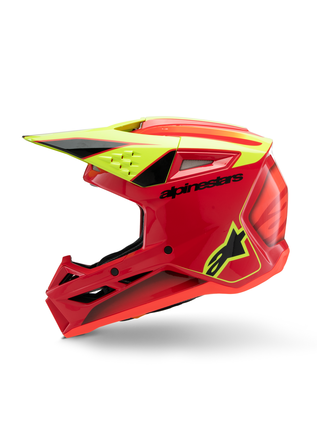 Casque Alpinestars S-M3 Youth Fray, casque de motocross, rouge, jaune fluo et noir brillant, vue de profil montrant la visière aérodynamique, les entrées de ventilation et le logo de la marque, équipement de protection tout-terrain pour junior
