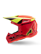 Casque Alpinestars S-M3 Youth Fray, casque de motocross, rouge, jaune fluo et noir brillant, vue de profil montrant la visière aérodynamique, les entrées de ventilation et le logo de la marque, équipement de protection tout-terrain pour junior