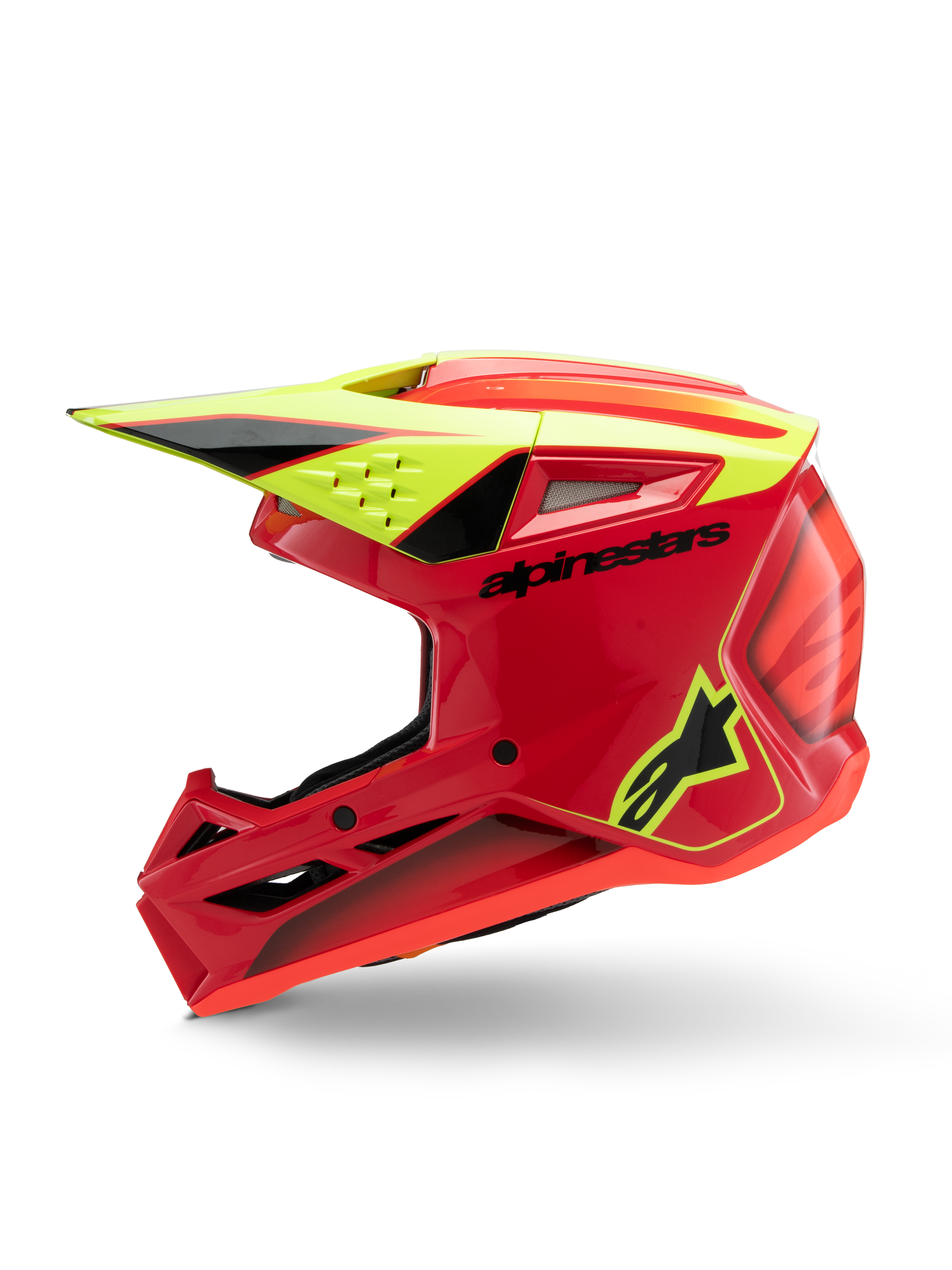 Casque Alpinestars S-M3 Youth Fray, casque de motocross, rouge, jaune fluo et noir brillant, vue de profil montrant la visière aérodynamique, les entrées de ventilation et le logo de la marque, équipement de protection tout-terrain pour junior