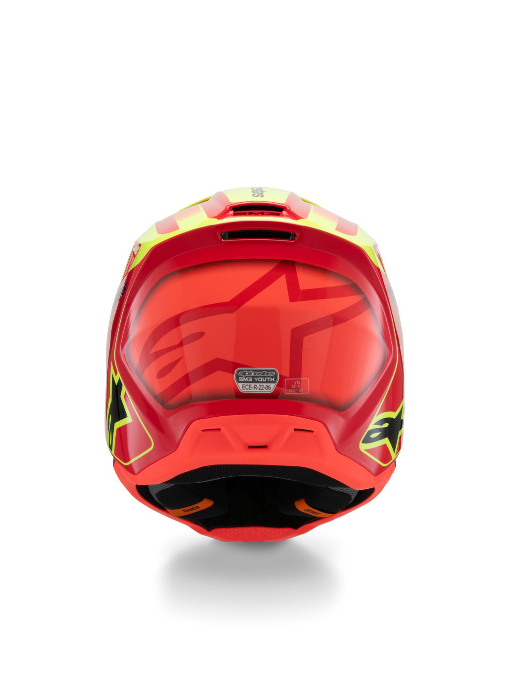 Casque Alpinestars S-M3 Youth Fray, casque de motocross, rouge, jaune fluo et noir brillant, vue arrière présentant un grand logo étoile ton sur ton, autocollant de certification ECE 22.06 et conception de coque aérodynamique avec logos latéraux.