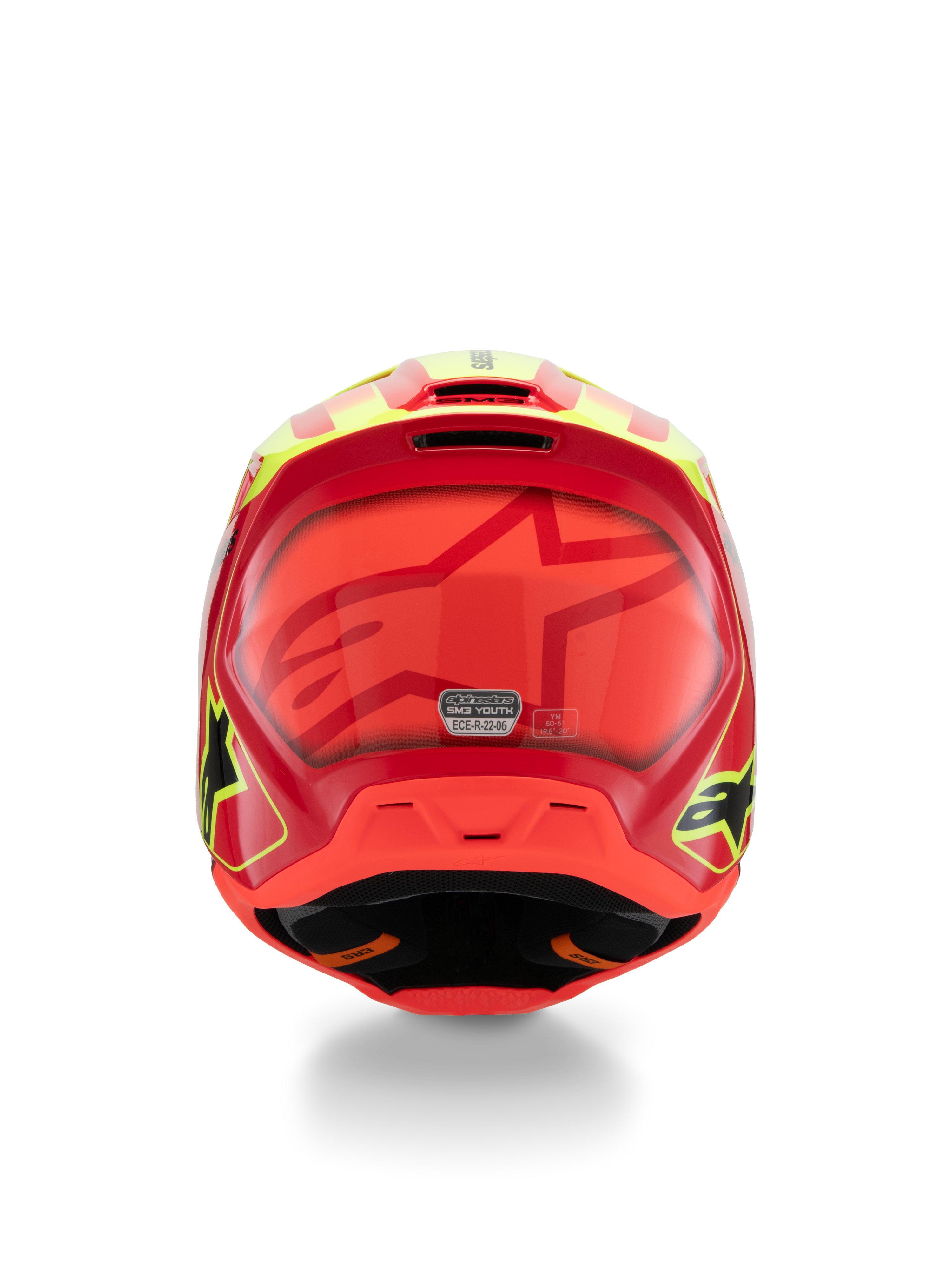 Casque Alpinestars S-M3 Youth Fray, casque de motocross, rouge, jaune fluo et noir brillant, vue arrière présentant un grand logo étoile ton sur ton, autocollant de certification ECE 22.06 et conception de coque aérodynamique avec logos latéraux.