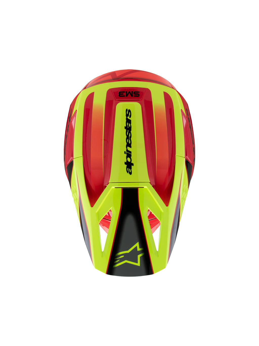 Casque Alpinestars S-M3 Youth Fray, casque de motocross, rouge et jaune fluo avec finition noir brillant, vue de dessus montrant la coque aérodynamique et le logo Alpinestars sur la visière