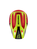 Casque Alpinestars S-M3 Youth Fray, casque de motocross, rouge et jaune fluo avec finition noir brillant, vue de dessus montrant la coque aérodynamique et le logo Alpinestars sur la visière