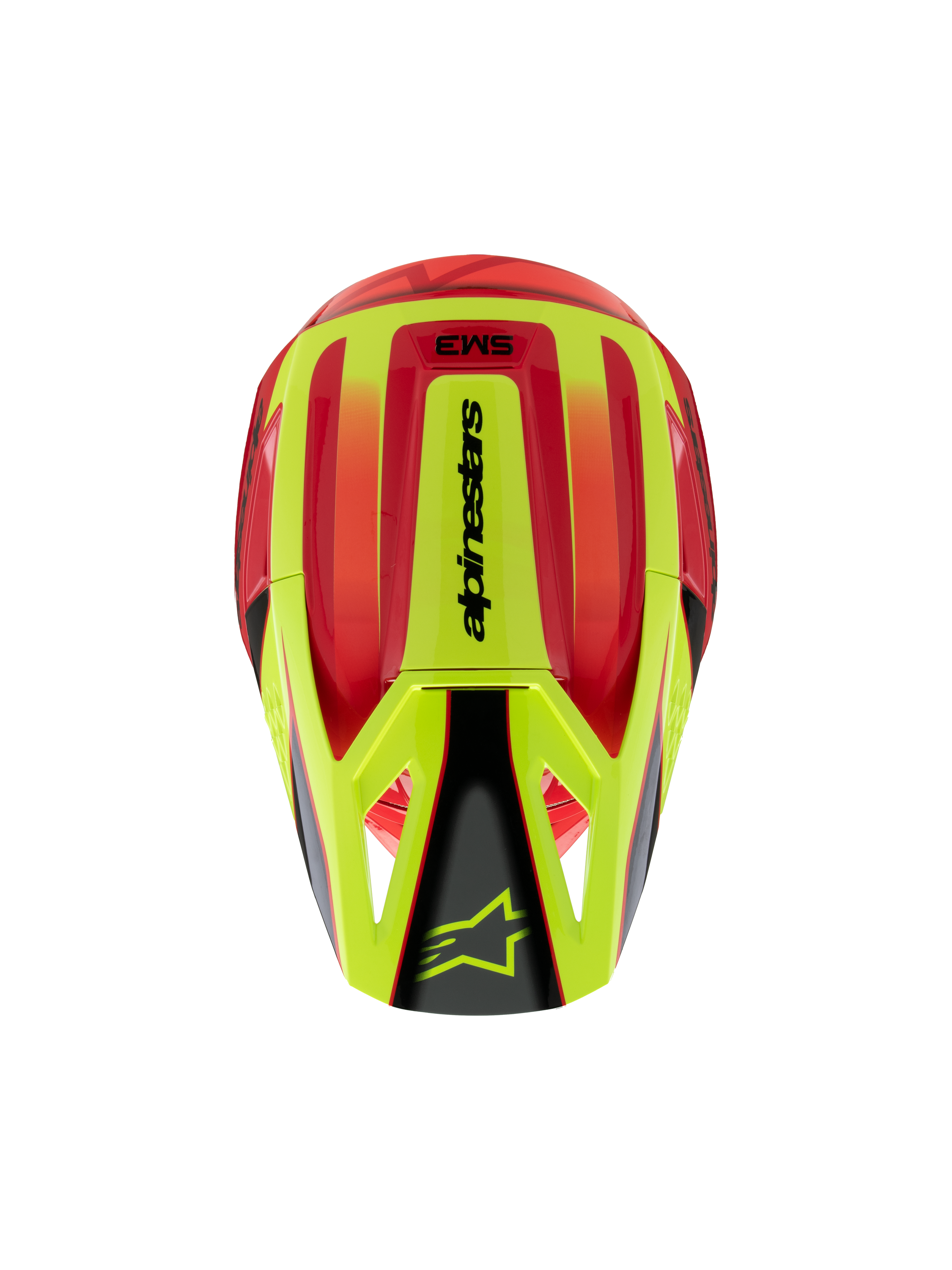 Casque Alpinestars S-M3 Youth Fray, casque de motocross, rouge et jaune fluo avec finition noir brillant, vue de dessus montrant la coque aérodynamique et le logo Alpinestars sur la visière