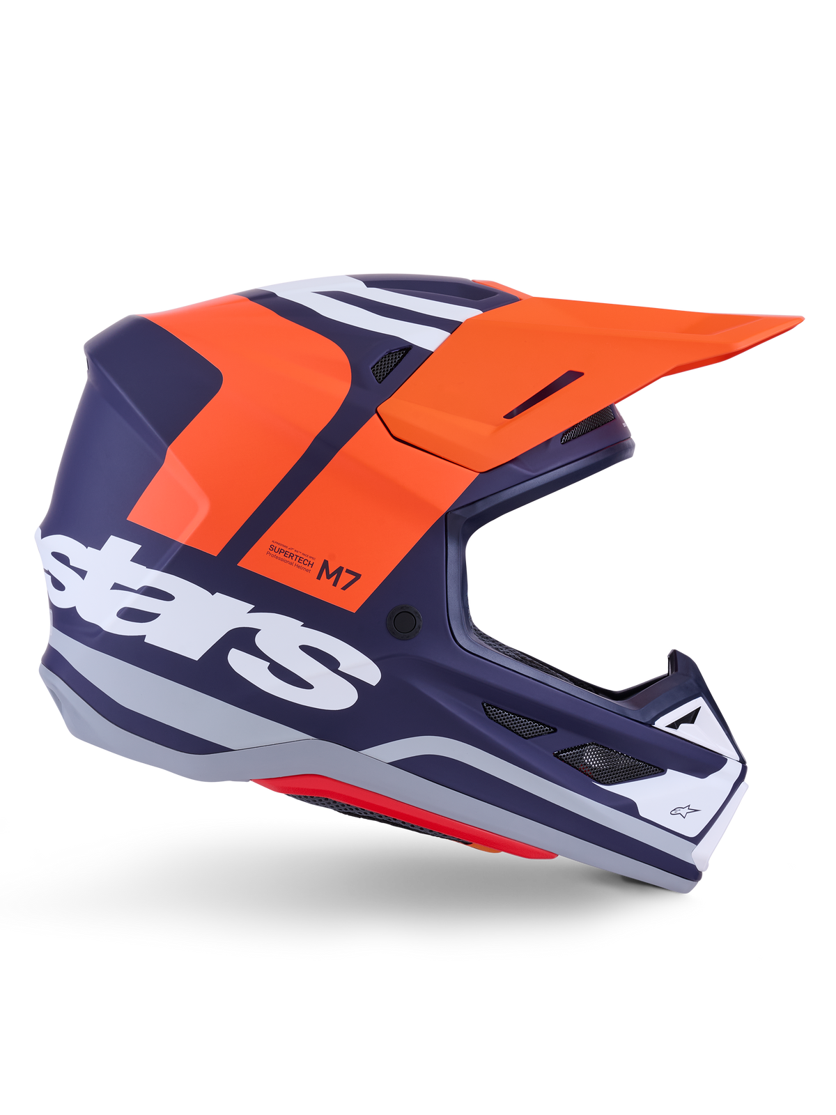 Alpinestars S-M7 Core Helmet ECE 22.06, casque de motocross, bleu foncé mat avec des accents orange vif et blancs, visière orange, profil aérodynamique avec ports de ventilation en maille, certifié ECE 22.06