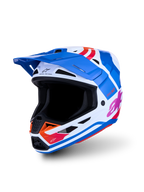 Alpinestars S-M7 Core ECE06, casque de motocross bleu et blanc, graphismes orange et roses brillants, certifié ECE
