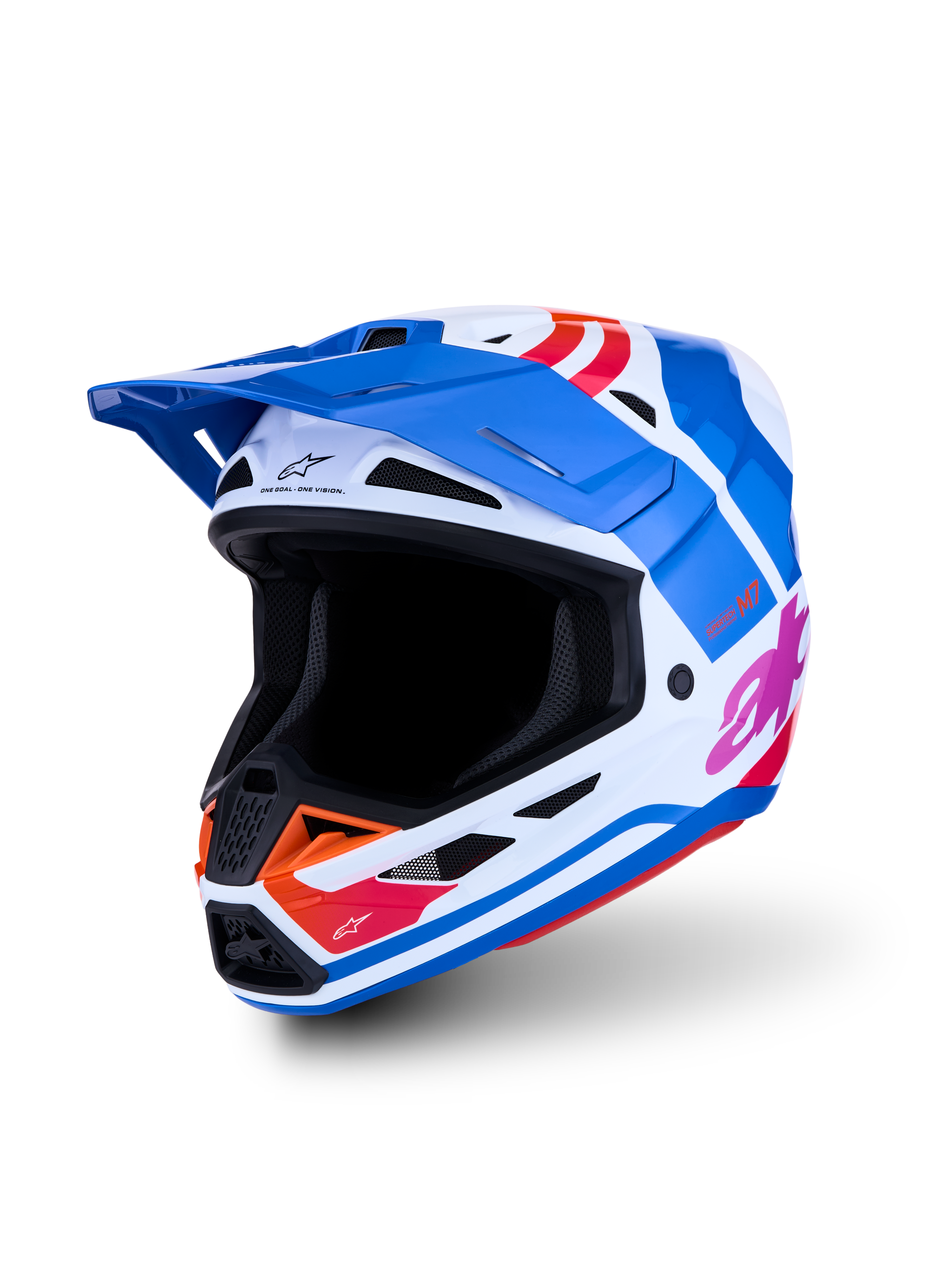Alpinestars S-M7 Core ECE06, casque de motocross bleu et blanc, graphismes orange et roses brillants, certifié ECE