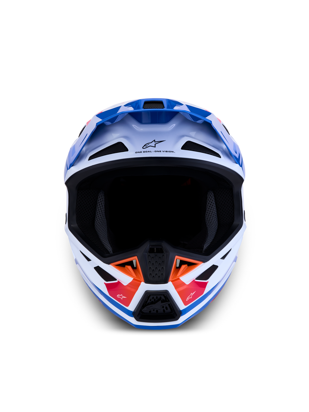 Alpinestars S-M7 Core ECE06, casque de motocross tout-terrain, blanc et bleu avec des accents orange, vue de face, évents de ventilation, certifié ECE 22.06