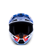 Alpinestars S-M7 Core ECE06, casque de motocross tout-terrain, blanc et bleu avec des accents orange, vue de face, évents de ventilation, certifié ECE 22.06