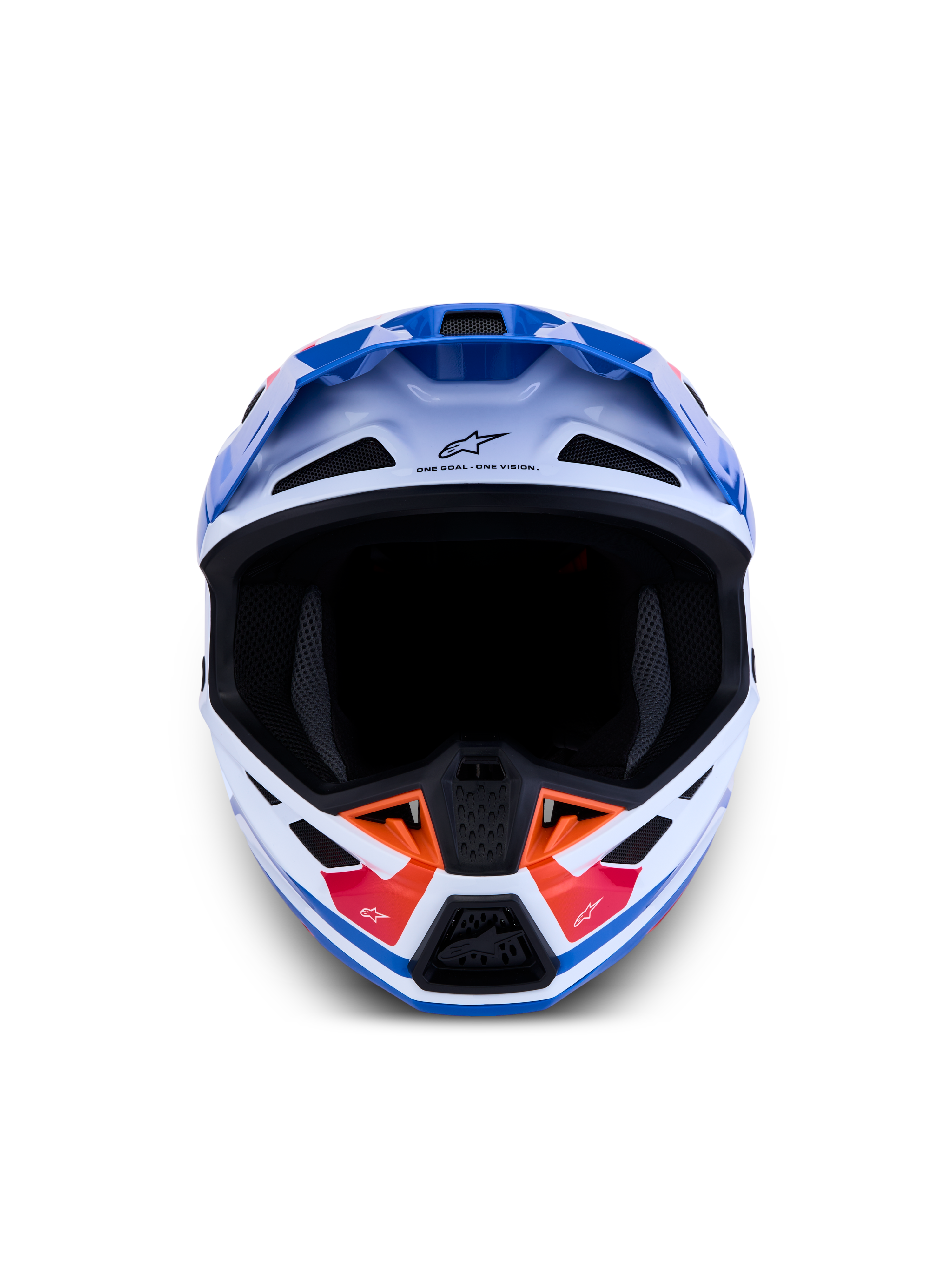 Alpinestars S-M7 Core ECE06, casque de motocross tout-terrain, blanc et bleu avec des accents orange, vue de face, évents de ventilation, certifié ECE 22.06