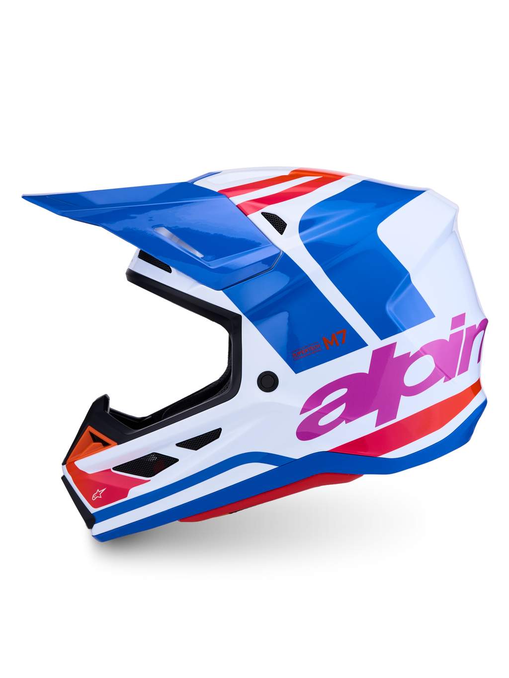 Alpinestars S-M7 Core ECE06, casque de motocross professionnel, bleu et blanc avec accents rose et orange, certifié ECE 22.06, finition brillante